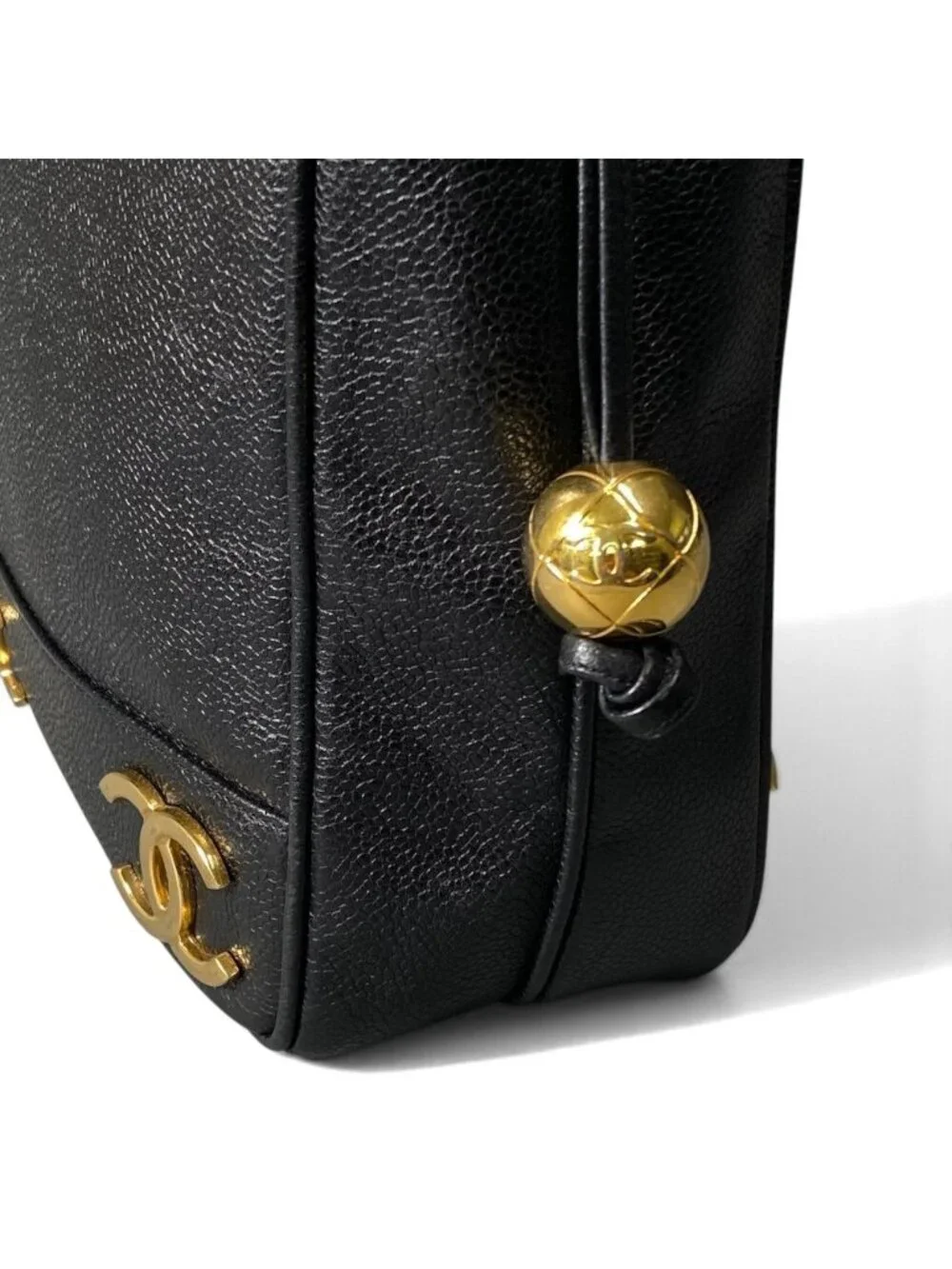 Chanel Triple CC Logo Caviar Leather Shoulder Bag Coco Chain Black